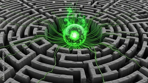 Glowing Green Light in Maze Center.