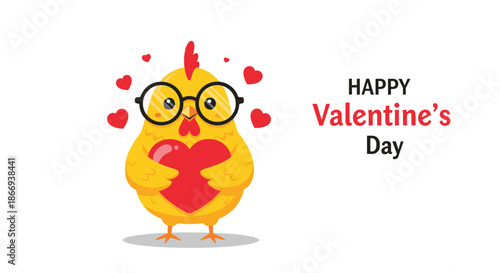 Cute yellow chick with glasses hugs a big red heart, surrounded by smaller hearts, with a Happy Valentine's Day message.