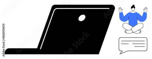 Remote work, wellness, mental health, communication, productivity, meditation. A laptop with a person meditating and a chat bubble. Remote work and wellness illustrated