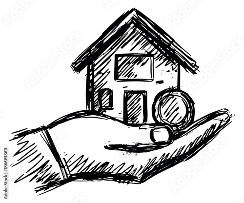 Hand drawn illustration of a hand holding a house and coin depicting property investment for real estate concepts