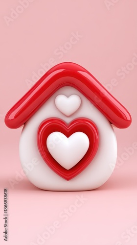 Whimsical Heart House Icon with Red Roof and White Base on Pink Background
