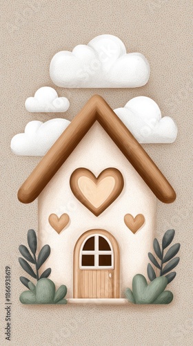 Whimsical Gingerbread House With Heart Accents And Fluffy Clouds On Textured Background