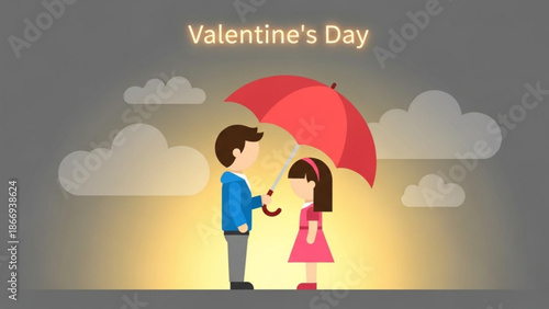 Couple sharing a romantic moment under a red umbrella on a cloudy day for valentine's day with Valentine s Day and romance and love and relationship