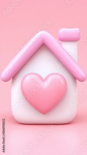 White House With Pink Heart And Chimney On Pink Background Isolated Minimalist Style