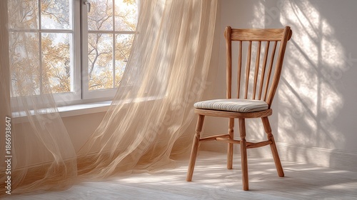 Wooden Chair Near Window With Autumn Trees Visible Through Sheer Curtains Sunlight