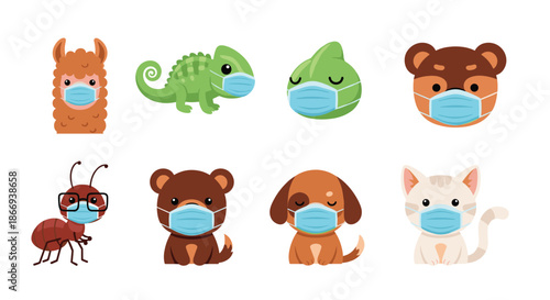 Collection of cute cartoon animals including a llama, chameleon, bear, ant, dog, and cat all wearing blue face masks.