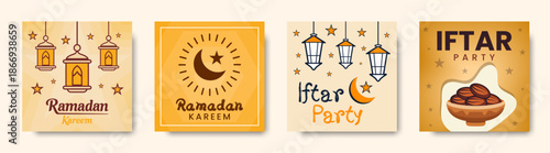 Minimalist islamic ramadan kareem iftar party vector set for social media, posters, greeting cards