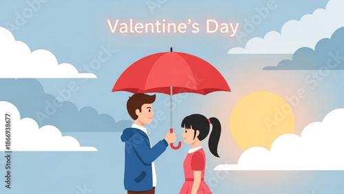 Man holds red umbrella over woman on sunny day with clouds with valentines day and couple and romance and love and graphic and together and relationship