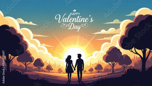 Romantic sunset scene of loving couple holding hands in park with trees and clouds on valentine's day with valentines day and love and romance