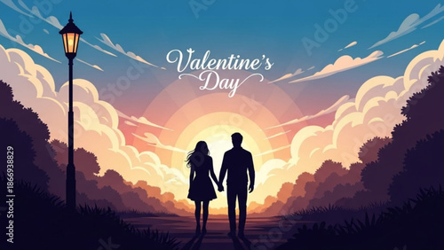 Couple holding hands walking towards sunset on valentine's day with street lamp and trees with valentine s day and romantic and love and silhouette