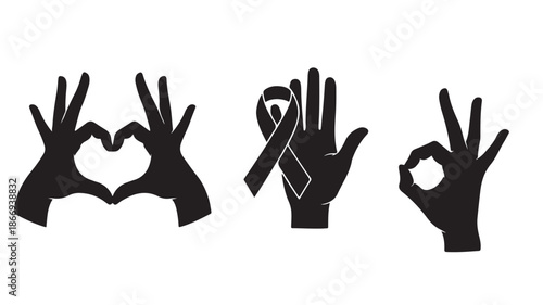 Hands Making Heart, Ribbon, and OK Gestures on White Background
