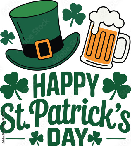 A vibrant illustration depicts a traditional green leprechaun hat a frothy beer mug and shamrocks celebrating st patrick s day