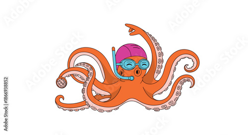 Happy orange octopus character is ready for a swim, wearing a pink swim cap, blue goggles, and a snorkel on a white background.