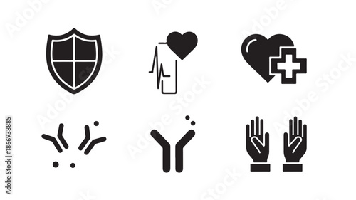 Medical Health Icons Set Including Shield, Heart, and Hands