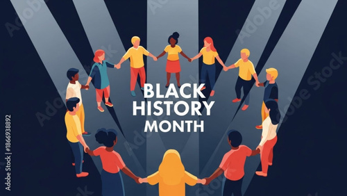 Diverse group of people holding hands in unity for black history month celebration with radiant light beams in the background with diversity