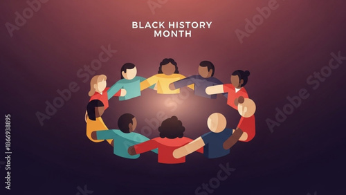 Diverse group of people joining hands in a circle for black history month with a warm glow on a dark background with diversity and inclusion