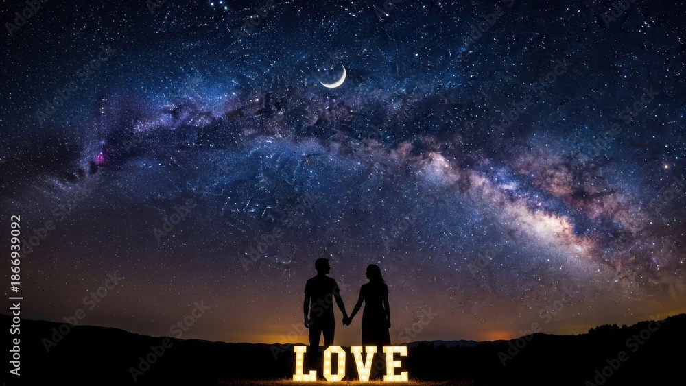 Fototapeta premium Couple silhouette under the starlit night sky