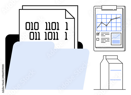 Data management, analytics, technology, storage, cybersecurity, information systems. Folder with binary documents, chart and server graphic. Data management and analytics concept