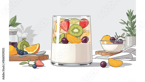 Two Layer Fruit Pudding with Clear Agar Jelly and Creamy Milk Base Flat 2D Vector Illustration