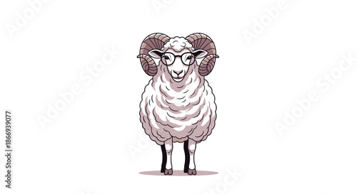 A nerdy-chic ram with large curved horns and a full fleece of white wool is wearing a pair of black-rimmed glasses.