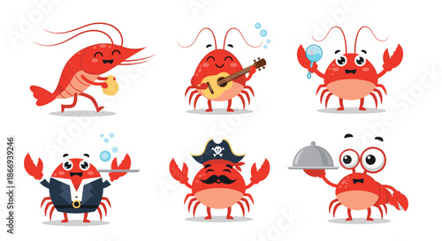 Set of six cute and funny red cartoon sea creature characters, including shrimp, lobster, and crab, in various poses.