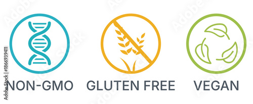 Vegan, Non-GMO, Gluten free icon set, Vegan, Non-GMO, Gluten free vector set