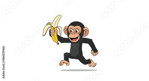 A happy and energetic cartoon chimpanzee is running with excitement while holding a large, peeled yellow banana in its hand.
