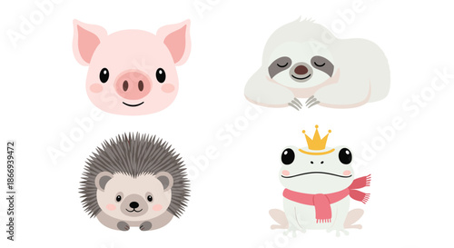 A charming set of four cute and simple watercolor-style animal portraits, including a pig, sloth, hedgehog, and a frog prince.