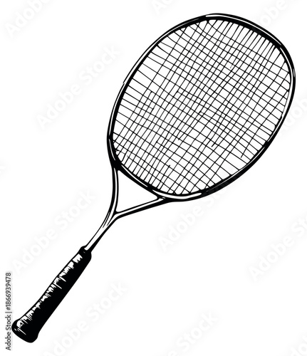 Hand drawn line art illustration of a tennis racket depicting classic sports equipment for a game