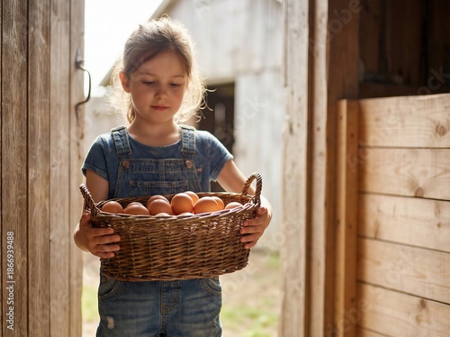 Young Girl Holding Basket of Eggs in Barn Doorway