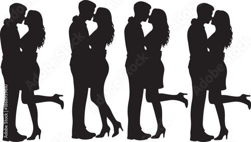 Romantic couple silhouette set, kissing man and woman collection, wedding lovers vector illustration isolated on white background design