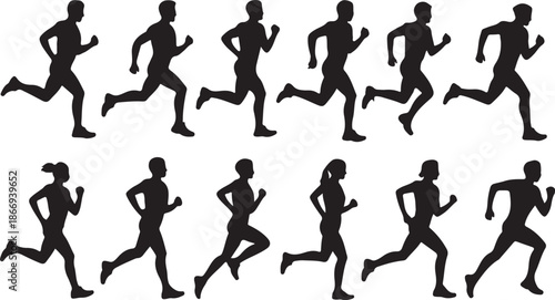 Running man and woman silhouettes set. Male and female runners figure shapes. Bare and naked slim healthy people work out