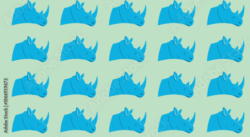 A seamless, repeating pattern of blue rhinoceros head profiles viewed from the side, set against a light green background.
