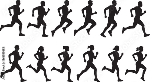 Running man and woman silhouettes set. Male and female runners figure shapes. Bare and naked slim healthy people work out