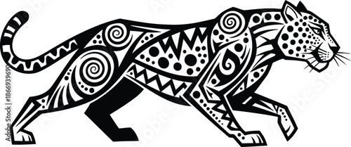 Tribal Jaguar Geometric Pattern Silhouette Black White