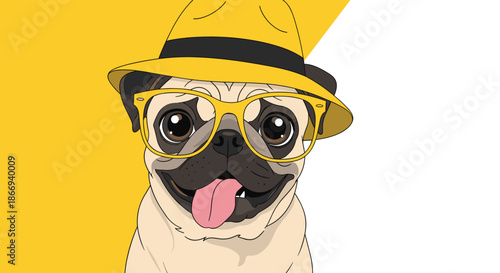 A happy and stylish pug dog with its tongue out is wearing a yellow fedora hat and matching yellow-framed eyeglasses.
