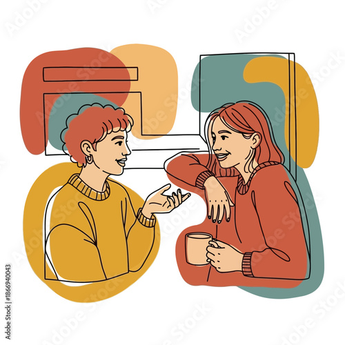 Contemporary line art illustration of two diverse women friends enjoying a lively, engaging conversation, sharing ideas and connection with abstract shapes