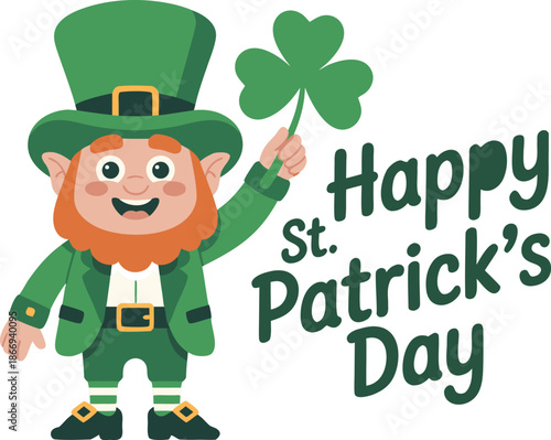 a cheerful leprechaun character with a green hat and clover stem wishes everyone a happy st patrick s day celebration