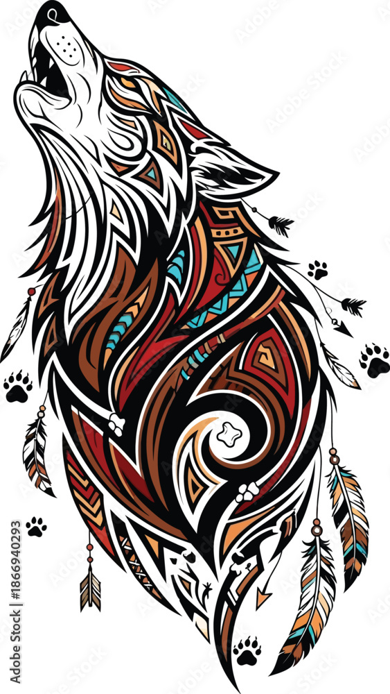 Obraz premium Tribal Wolf Artistic Illustration with Feathers and Paw Prints