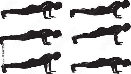 Silhouette man doing push ups, fitness exercise workout, gym training bodyweight, strength sport illustration, healthy lifestyle activity, vector graphic
