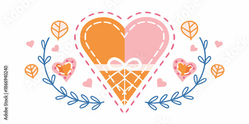 An illustrated ice cream cone heart design with leaves and floral details