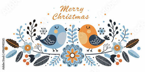 Festive christmas illustration featuring two birds with floral and branch decorations