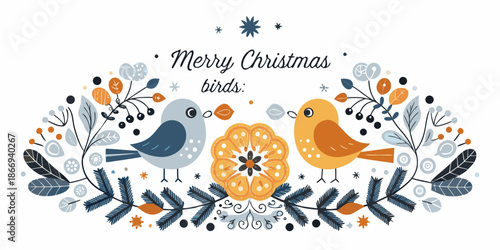 Festive christmas birds and botanical wreath illustration for holiday season greetings