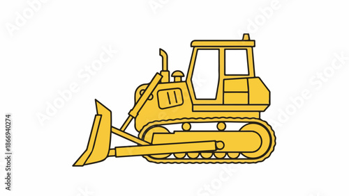 A yellow bulldozer with a large blade and tracks, depicted in a simple line drawing style against a clean white background.