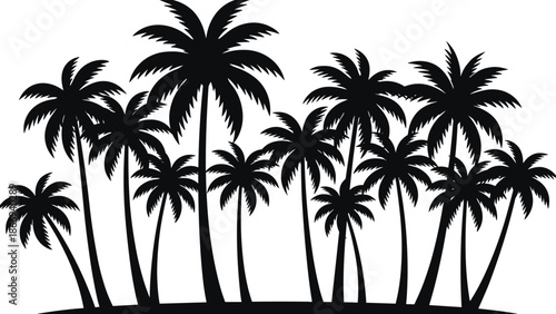 Black palm tree forest silhouette vector illustration isolated on white background for tropical nature design and branding projects