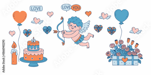 Valentine s day illustration featuring cupid hearts cake and romantic symbols