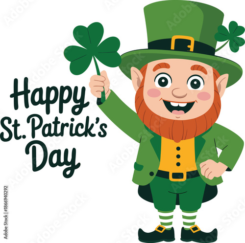 A cheerful cartoon leprechaun with a green hat and clover wishes everyone a happy st patrick s day