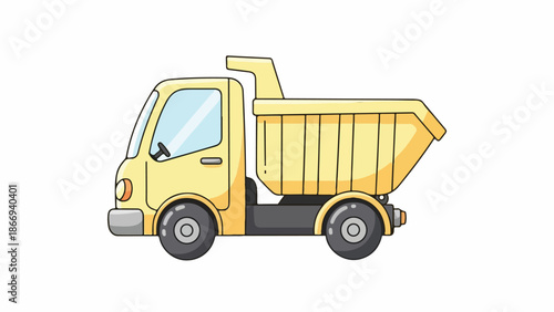A yellow cartoon dump truck with a large bed and black wheels against a clean white background in a flat illustration style.