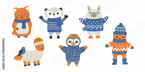Adorable winter animals wearing cozy sweaters and hats in a charming illustration