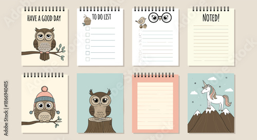 A cute collection of printable notepad and to-do list templates featuring adorable owls, birds, and a unicorn on a mountain.